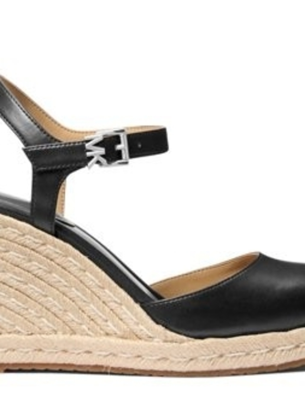 Michael Kors Black Leather Espadrille Wedge Sandals with MK Buckle
